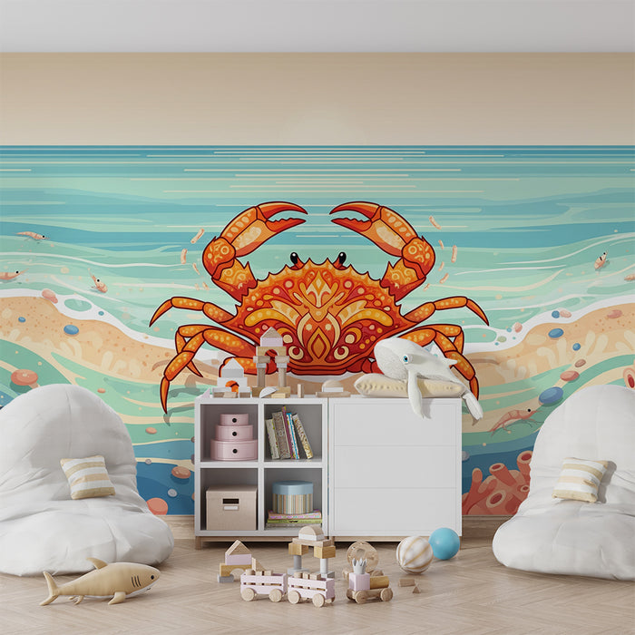 Behang kinderkamer | Kleurrijke krab op zeebodem met koralen en golven