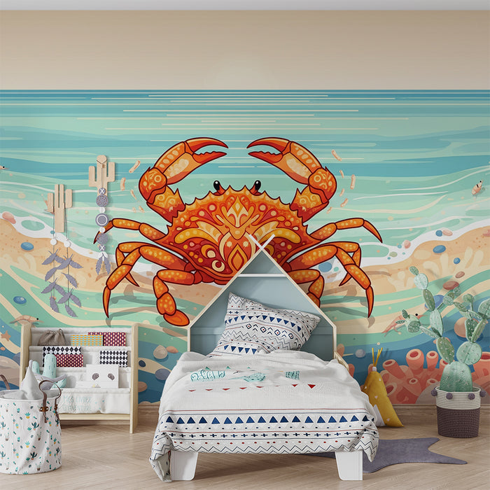Behang kinderkamer | Kleurrijke krab op zeebodem met koralen en golven