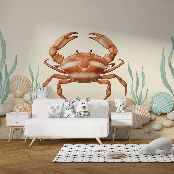**Text translated to Romanian:**

Tapet cameră copii | Crab și scoici pe fundal de nisip