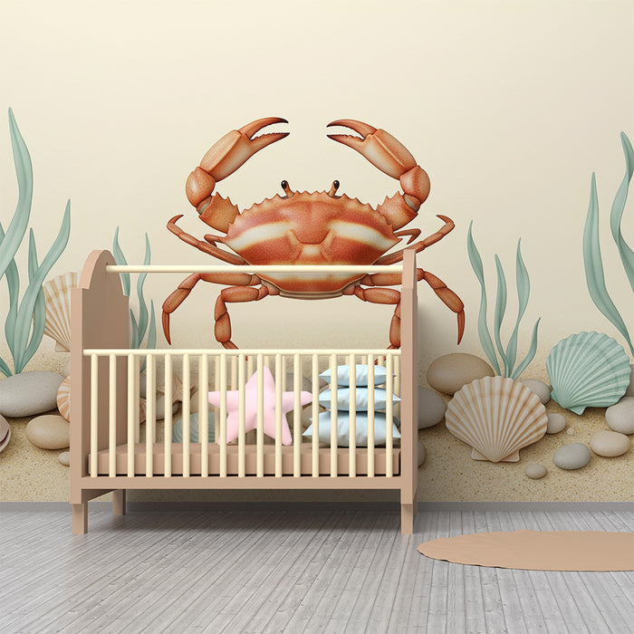 **Text translated to Romanian:**

Tapet cameră copii | Crab și scoici pe fundal de nisip