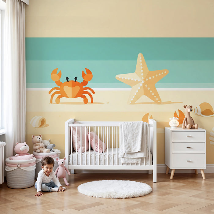 Papier peint chambre enfant | Crabe et étoile de mer sur une plage ensoleillée