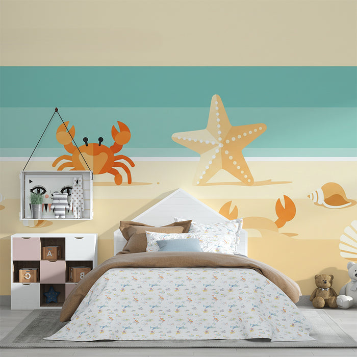 Papier peint chambre enfant | Crabe et étoile de mer sur une plage ensoleillée