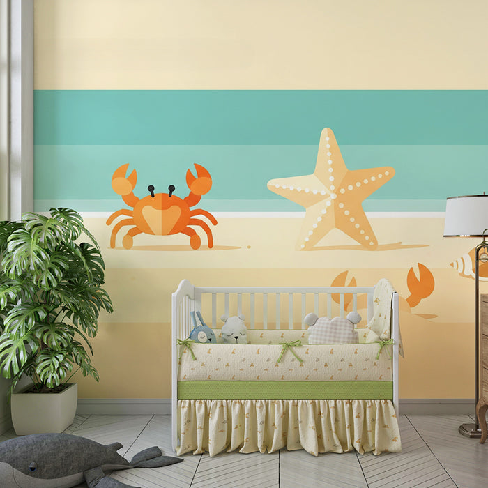 Papier peint chambre enfant | Crabe et étoile de mer sur une plage ensoleillée