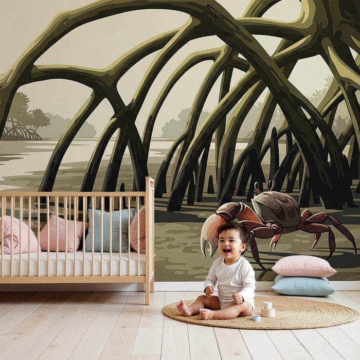 Behang kinderkamer | Krab en mangrove in een rustgevend landschap