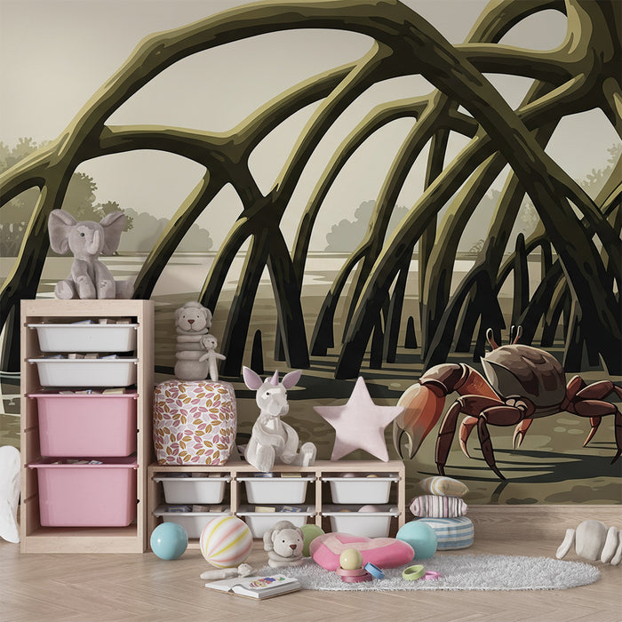Behang kinderkamer | Krab en mangrove in een rustgevend landschap