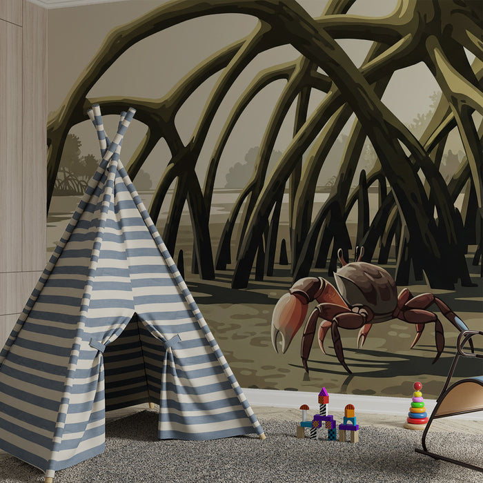 Behang kinderkamer | Krab en mangrove in een rustgevend landschap