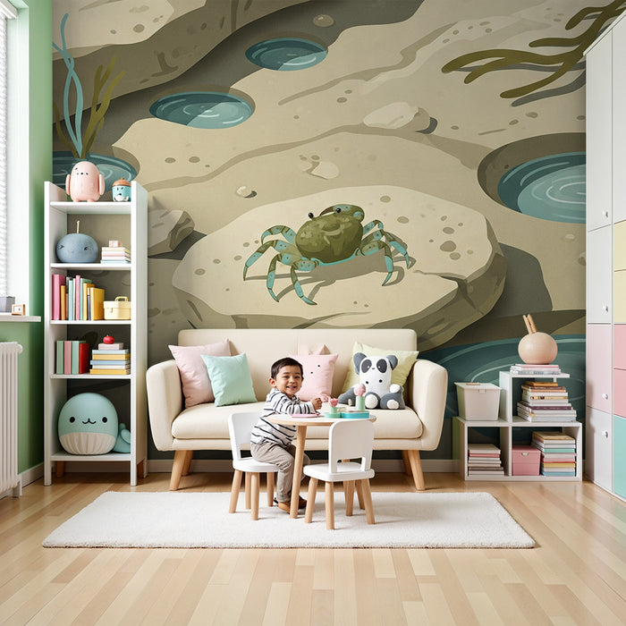 Papel de parede para quarto infantil | Caranguejo e paisagens marinhas com rochas e algas