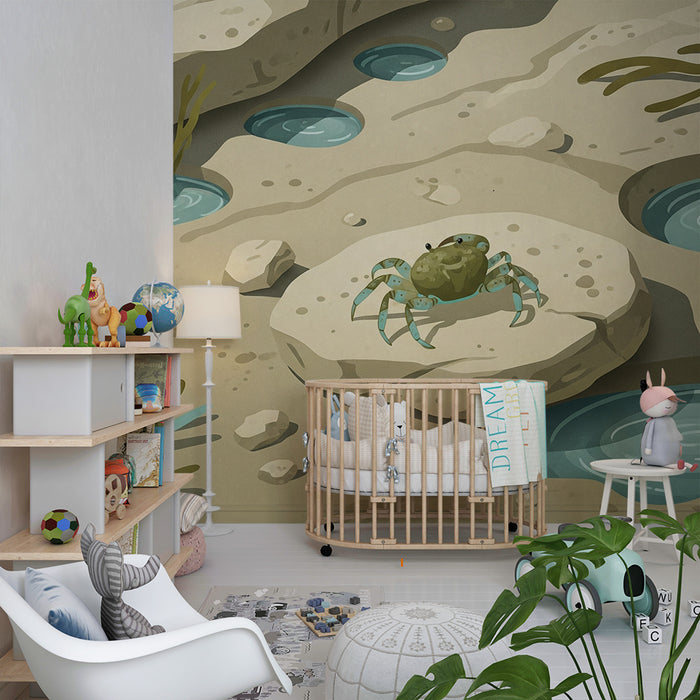 Papel de parede para quarto infantil | Caranguejo e paisagens marinhas com rochas e algas