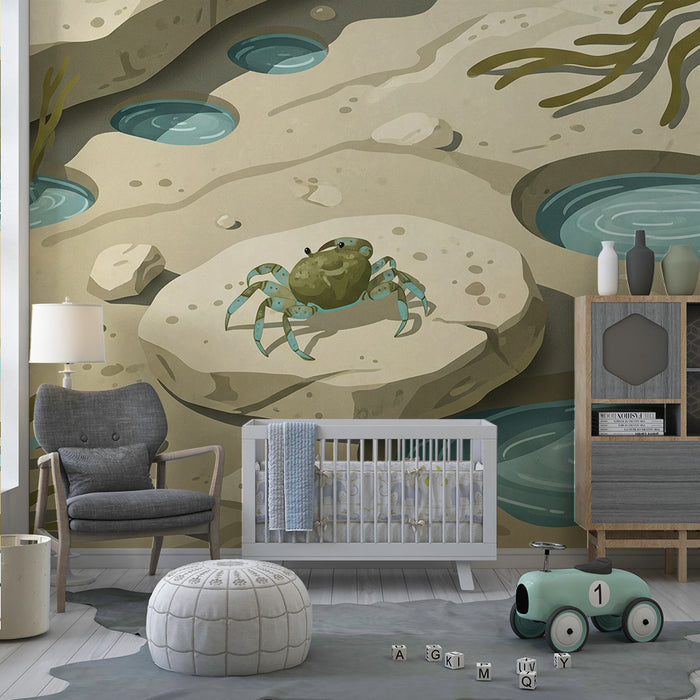 Papel de parede para quarto infantil | Caranguejo e paisagens marinhas com rochas e algas