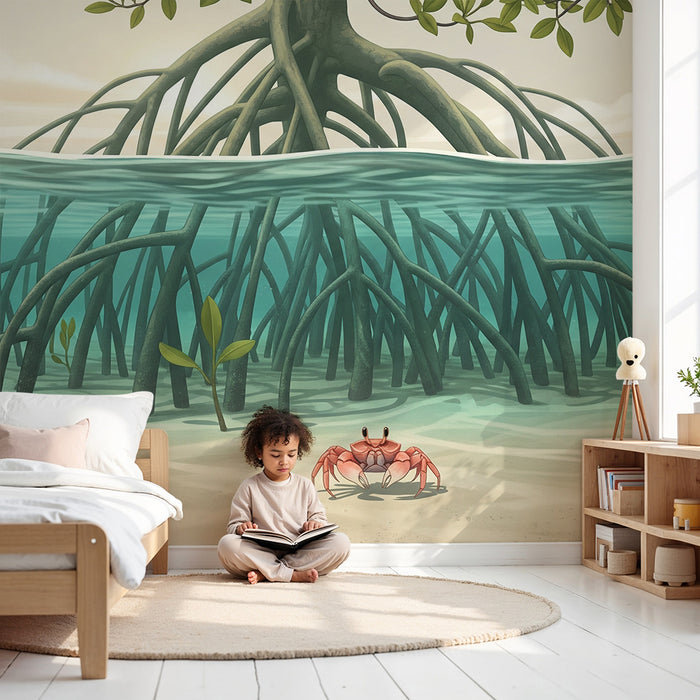 Børnetapet | Krabbe og mangrove-rødder under vandet