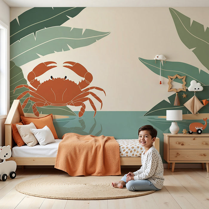 Papier peint chambre enfant | Crabe joyeux au bord de l'eau entouré de feuillage tropical