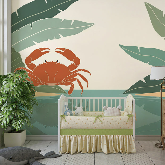 Papier peint chambre enfant | Crabe joyeux au bord de l'eau entouré de feuillage tropical