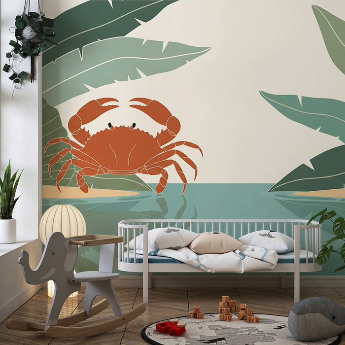 Papier peint chambre enfant | Crabe joyeux au bord de l'eau entouré de feuillage tropical
