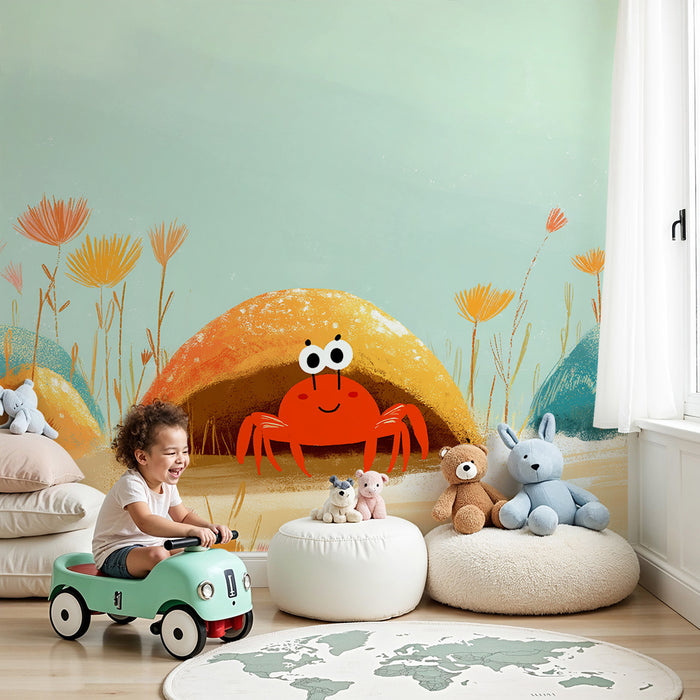Kinderzimmer Tapete | Fröhlicher Krebs und bunte Unterwasserblumenlandschaften