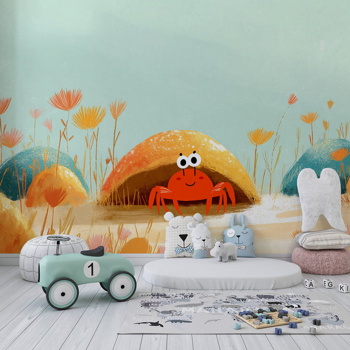 Kinderzimmer Tapete | Fröhlicher Krebs und bunte Unterwasserblumenlandschaften