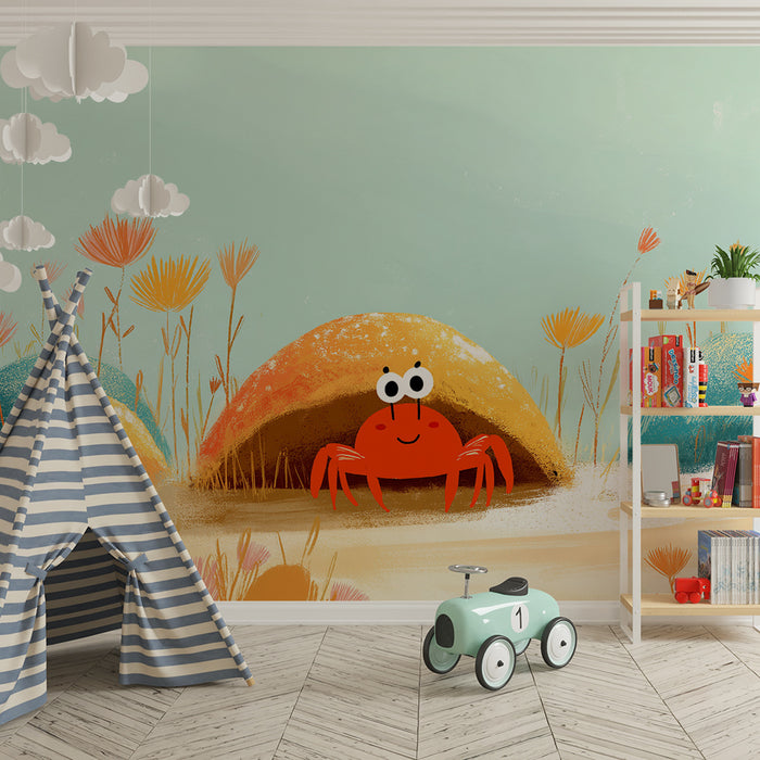Kinderzimmer Tapete | Fröhlicher Krebs und bunte Unterwasserblumenlandschaften