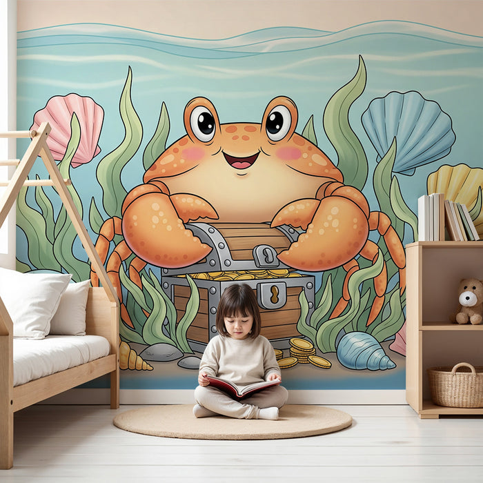 Papel de parede infantil | Caranguejo feliz e tesouro subaquático com conchas coloridas