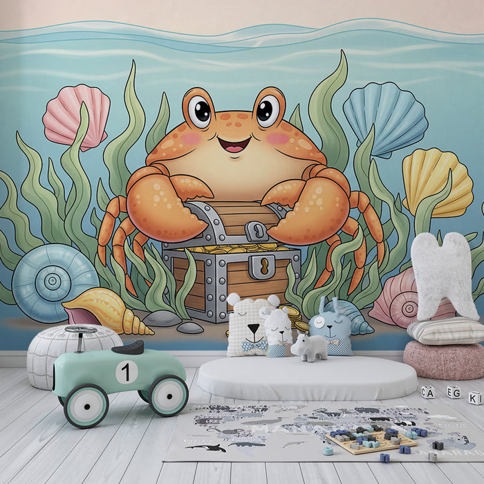 Papel de parede infantil | Caranguejo feliz e tesouro subaquático com conchas coloridas