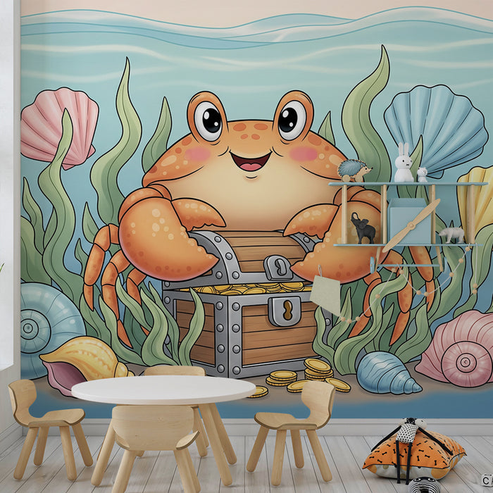 Papel de parede infantil | Caranguejo feliz e tesouro subaquático com conchas coloridas