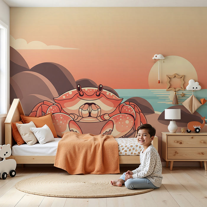 **Kinderzimmer Tapete | Fröhlicher Krebs am Strand bei Sonnenuntergang**