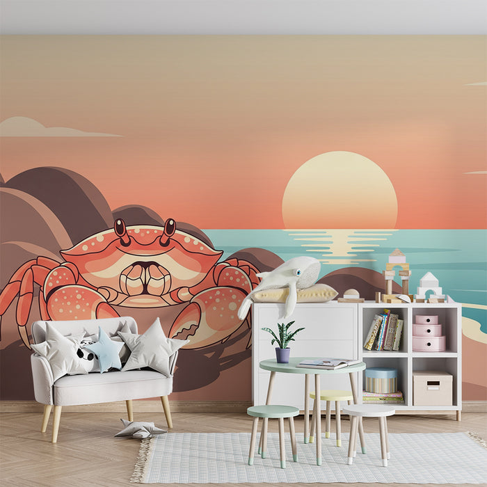 **Kinderzimmer Tapete | Fröhlicher Krebs am Strand bei Sonnenuntergang**