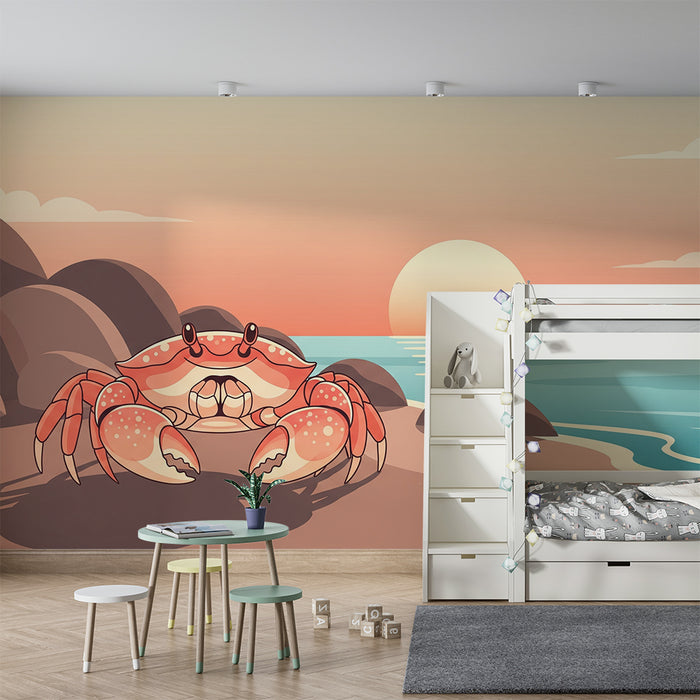 **Kinderzimmer Tapete | Fröhlicher Krebs am Strand bei Sonnenuntergang**