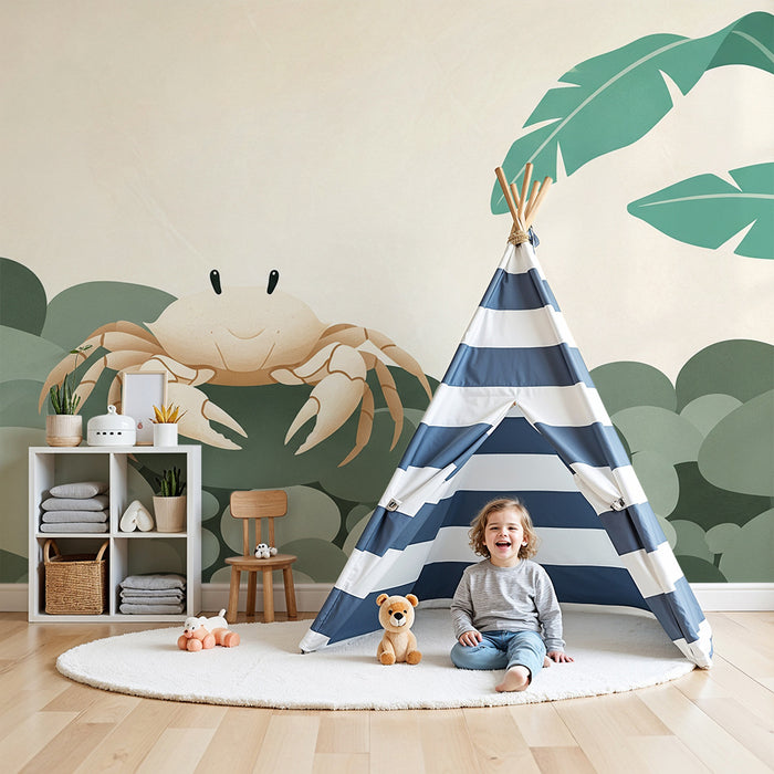 Tapete Kinderzimmer | Fröhliche Krabbe auf einem Kieselbett mit tropischem Blattwerk