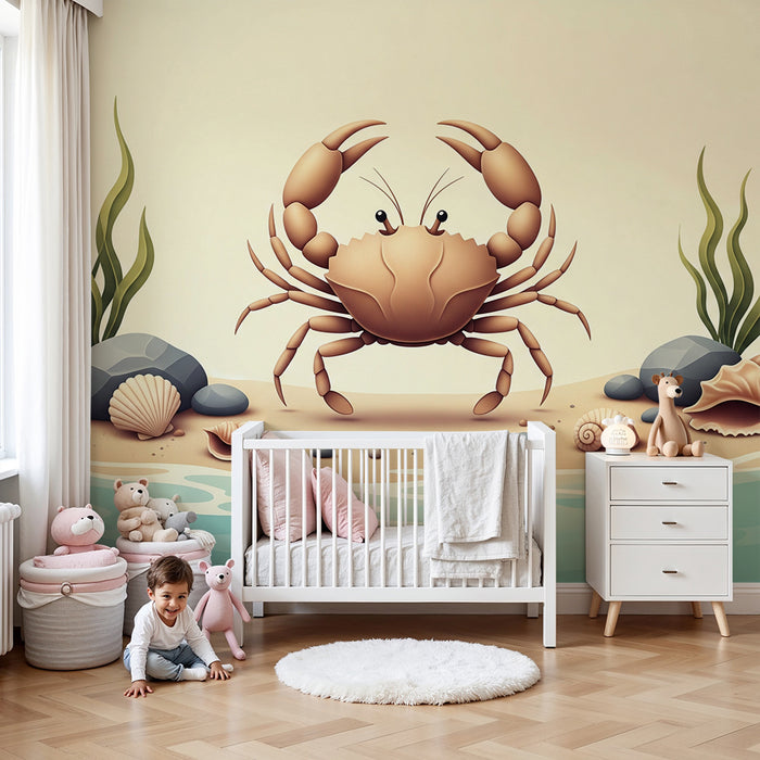 Tapete Kinderzimmer | Fröhlicher Krebs am sonnigen Strand mit Muscheln und Algen