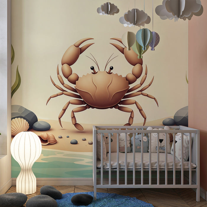 Tapete Kinderzimmer | Fröhlicher Krebs am sonnigen Strand mit Muscheln und Algen