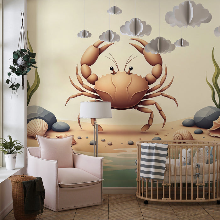Tapete Kinderzimmer | Fröhlicher Krebs am sonnigen Strand mit Muscheln und Algen