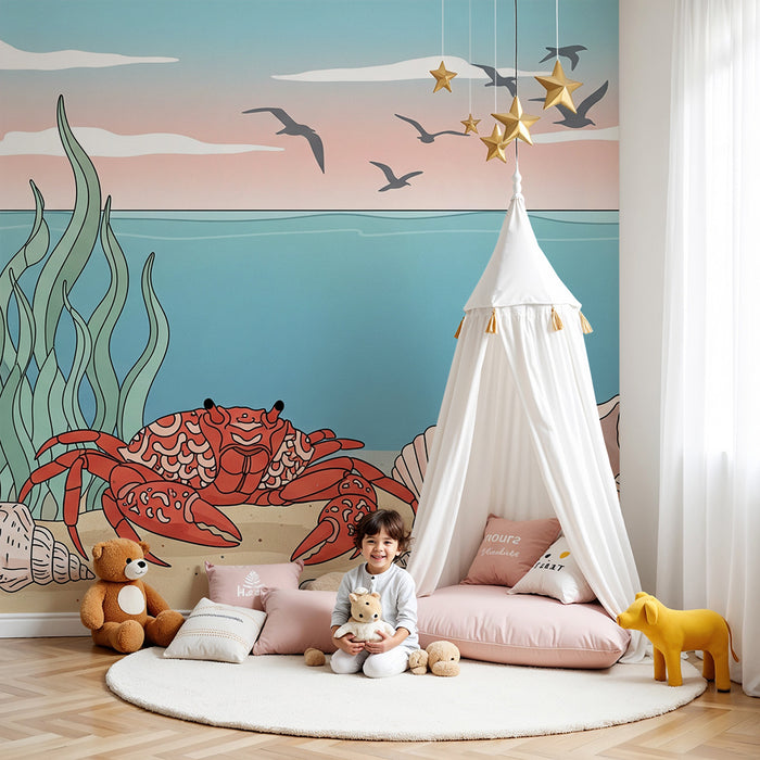 Kinderkamer behang | Rode krab en schelpen aan de zeebodem