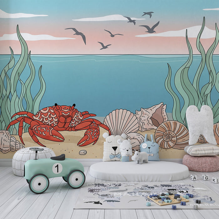 Kinderkamer behang | Rode krab en schelpen aan de zeebodem