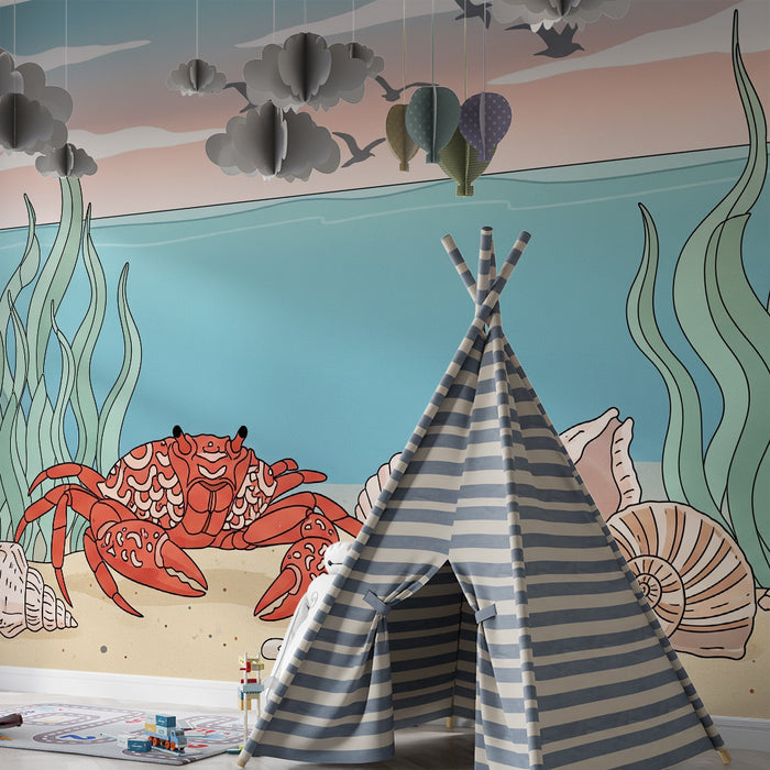 Kinderkamer behang | Rode krab en schelpen aan de zeebodem