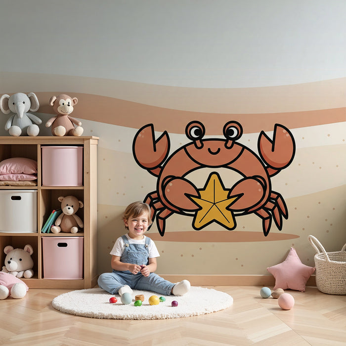 Kids room wallpaper | Smiling crab with a starfish on the sand