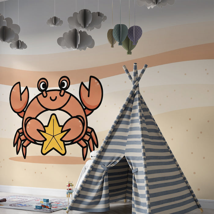 Kids room wallpaper | Smiling crab with a starfish on the sand