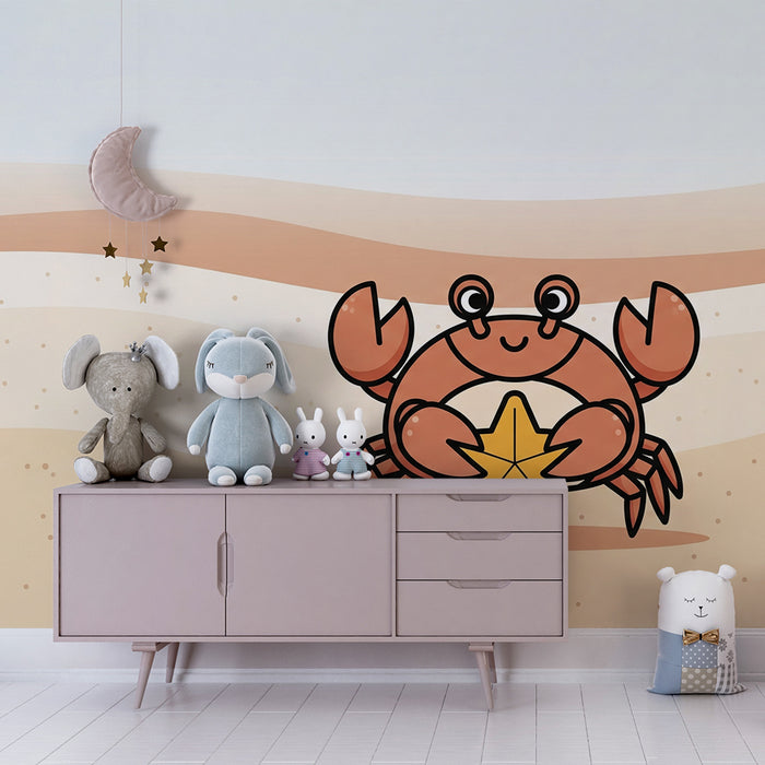 Kids room wallpaper | Smiling crab with a starfish on the sand