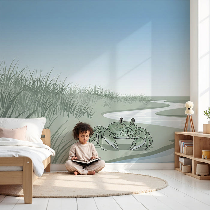 Carta da parati per camera bambini | Granchio sulla spiaggia con erbe marine e cielo blu