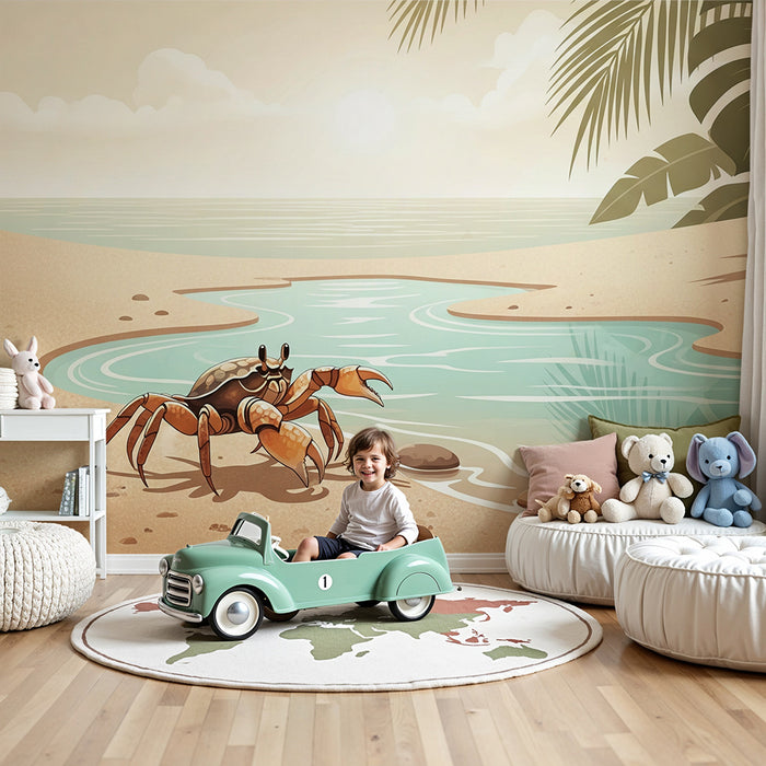 Papel pintado infantil | Cangrejo en la playa con palmeras y río tranquilo
