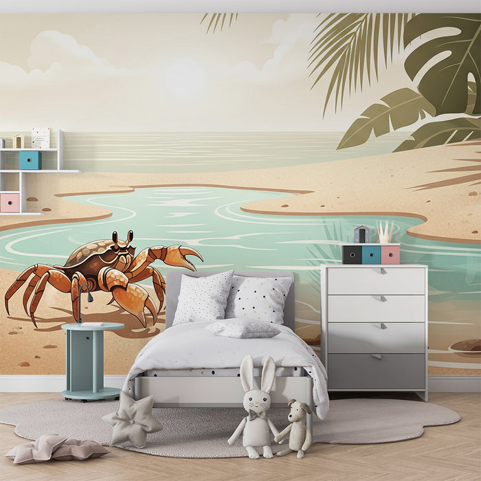 Papel pintado infantil | Cangrejo en la playa con palmeras y río tranquilo