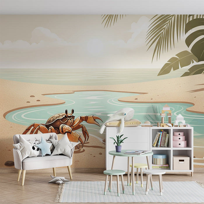 Papel pintado infantil | Cangrejo en la playa con palmeras y río tranquilo