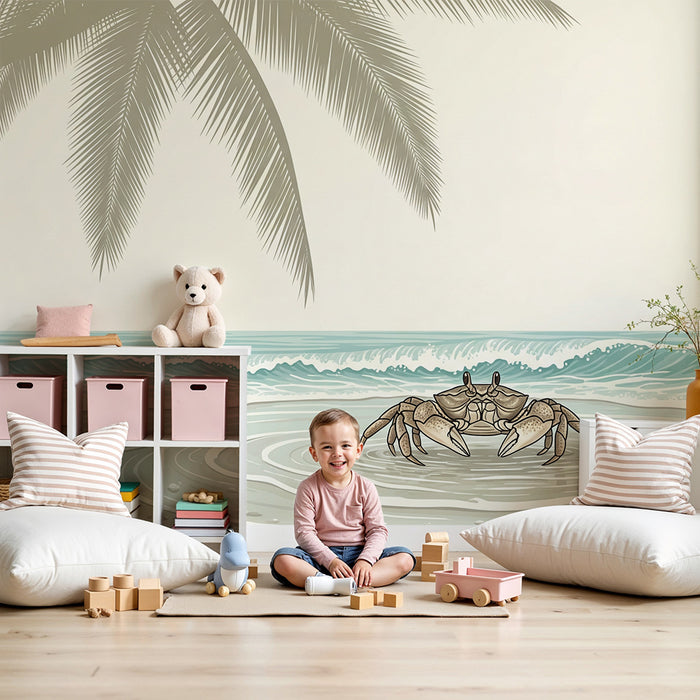 Tapete Kinderzimmer | Krabbe am Strand mit Palmen und sanften Wellen
