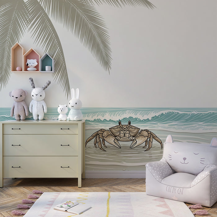 Tapete Kinderzimmer | Krabbe am Strand mit Palmen und sanften Wellen