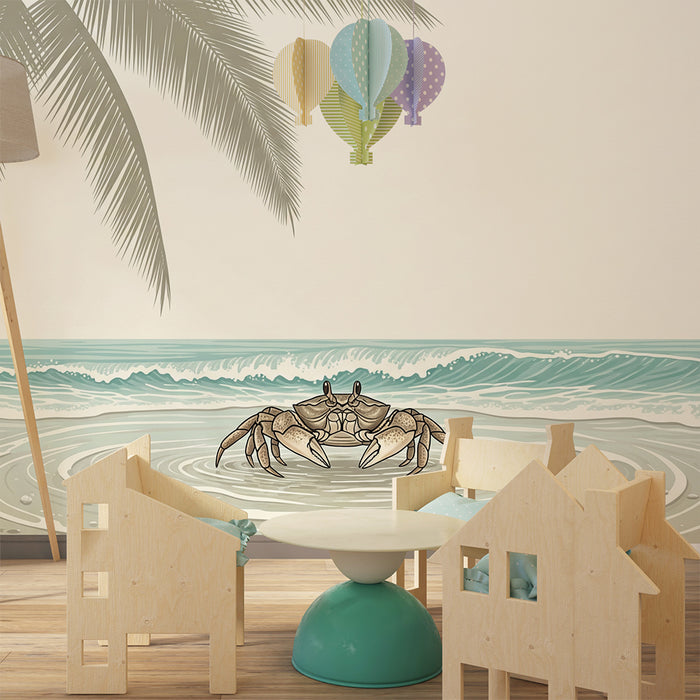 Tapete Kinderzimmer | Krabbe am Strand mit Palmen und sanften Wellen