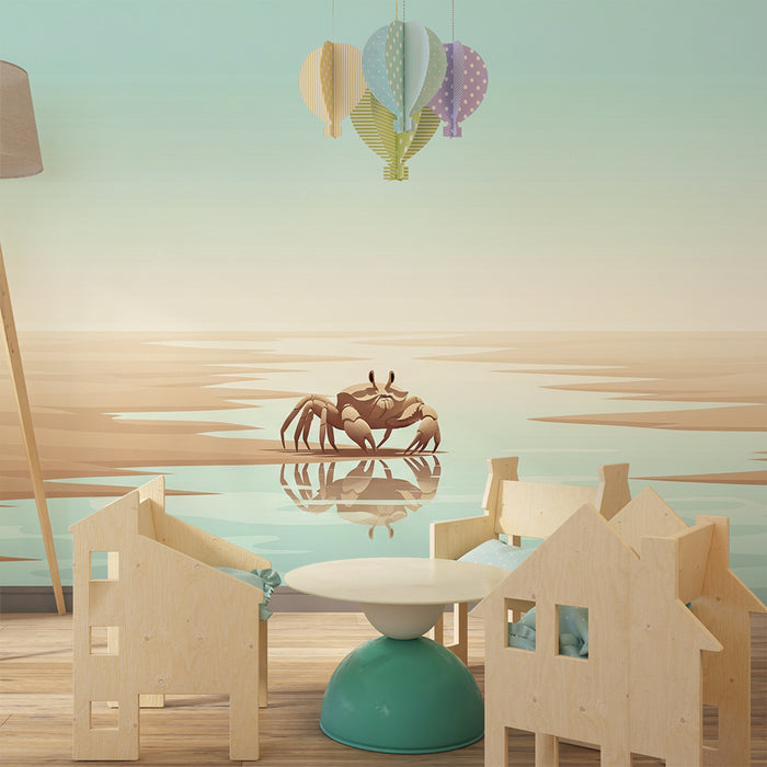 Kinderkamerbehang | Krab op het strand met rustgevende reflecties