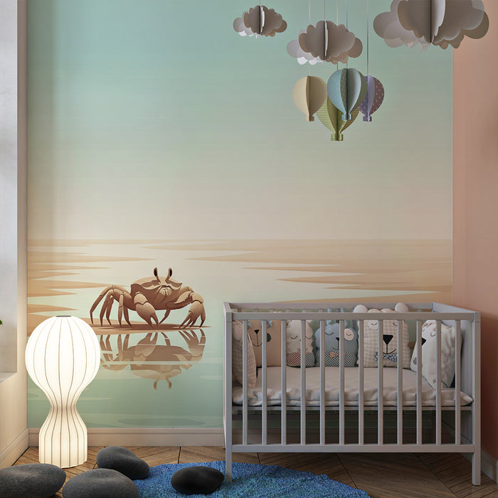 Kinderkamerbehang | Krab op het strand met rustgevende reflecties