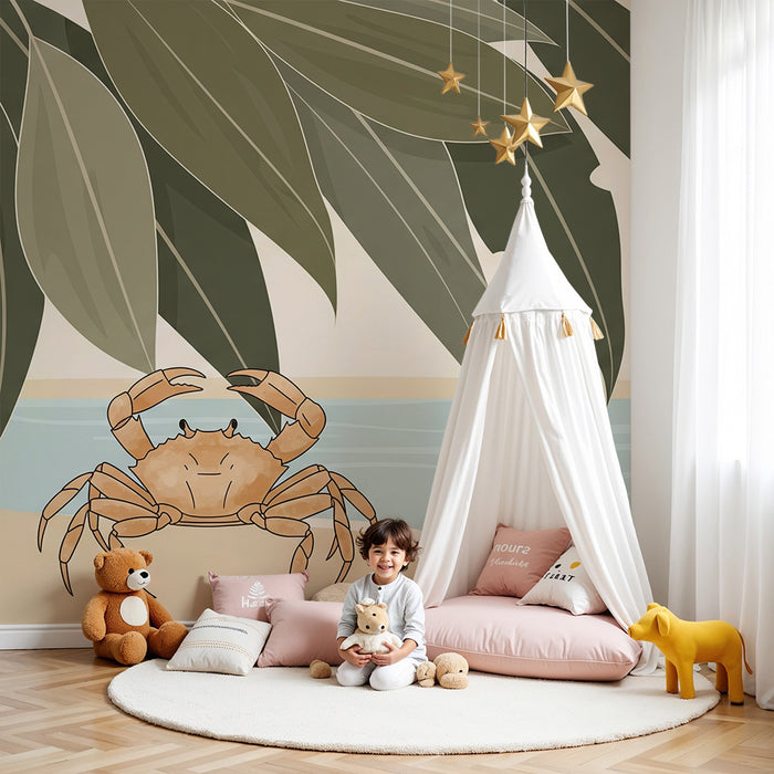 Papier peint chambre enfant | Crabe sur le sable avec feuillage tropical