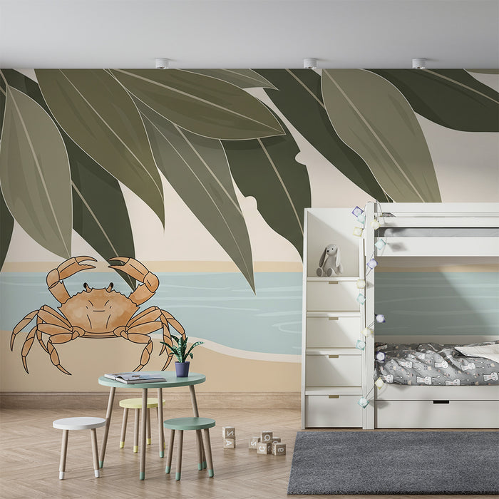 Papier peint chambre enfant | Crabe sur le sable avec feuillage tropical