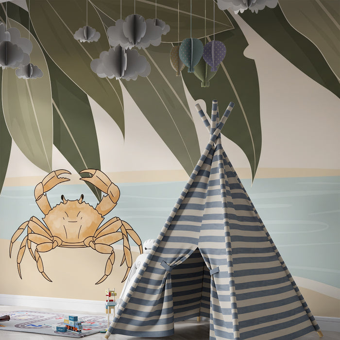 Papier peint chambre enfant | Crabe sur le sable avec feuillage tropical