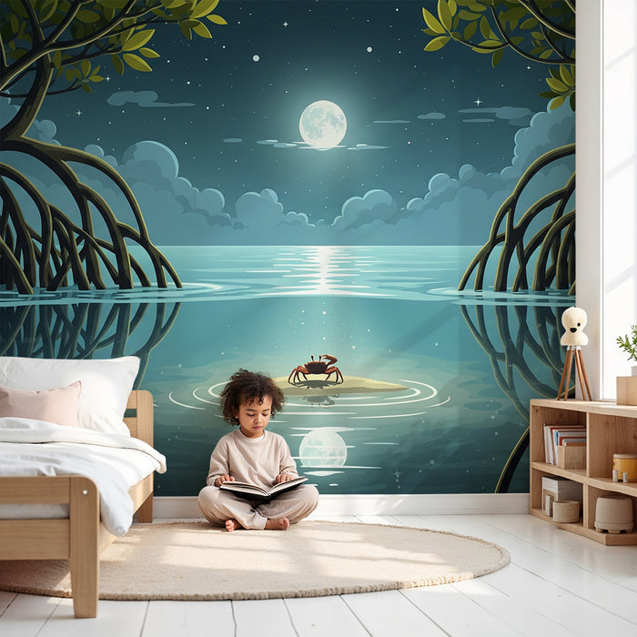 Papier peint chambre enfant | Crabe sur une île sous la lune dans un paysage marin