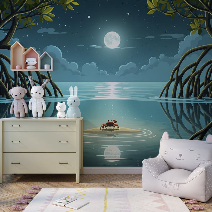 Papier peint chambre enfant | Crabe sur une île sous la lune dans un paysage marin